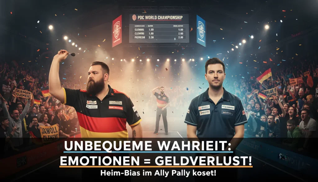 Deutscher Dartspieler auf der World Championship Bühne im Alexandra Palace unter Wettkampfdruck