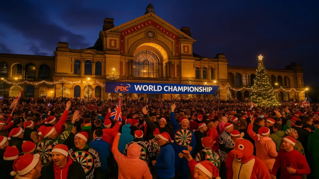 Alexandra Palace während der PDC World Championship - festliche Weihnachtsatmosphäre mit Fans und Venue-Beleuchtung