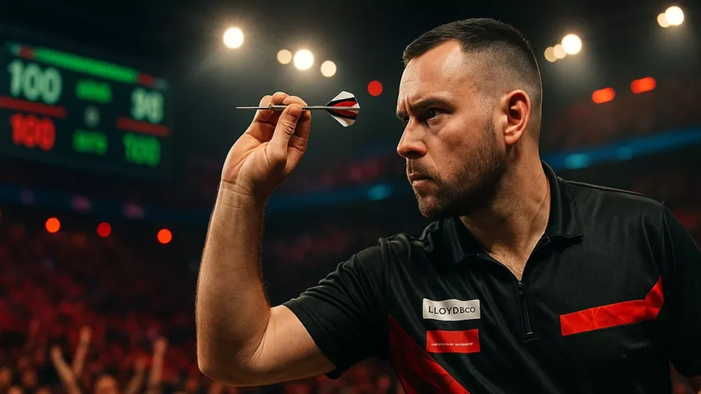 Live Darts Match - Professioneller Dartspieler beim Wurf mit Publikum und elektronischer Anzeigetafel im Hintergrund