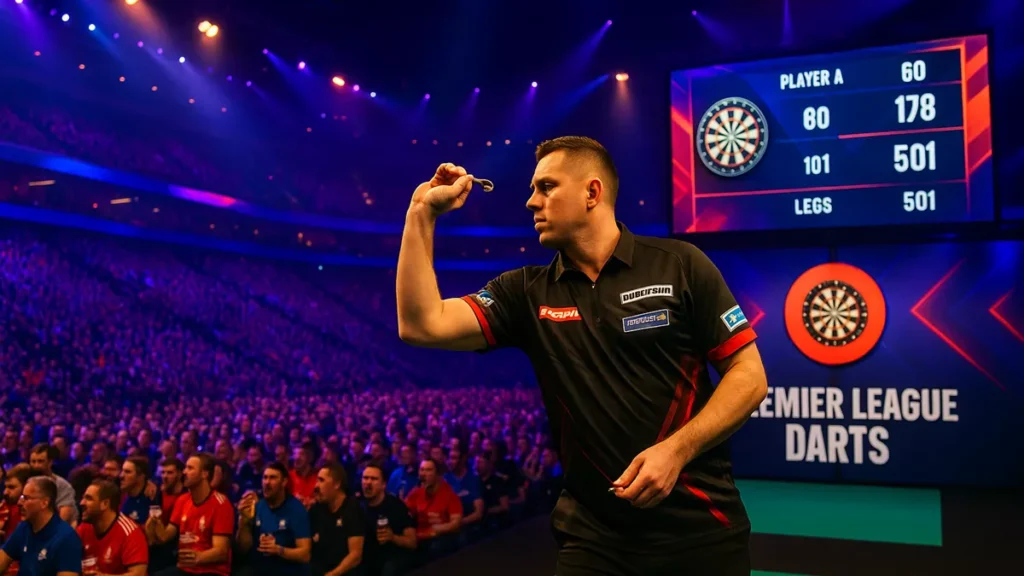 Premier League Darts Thursday Night - Arena-Atmosphäre mit Spieler auf der Bühne und begeistertem Publikum