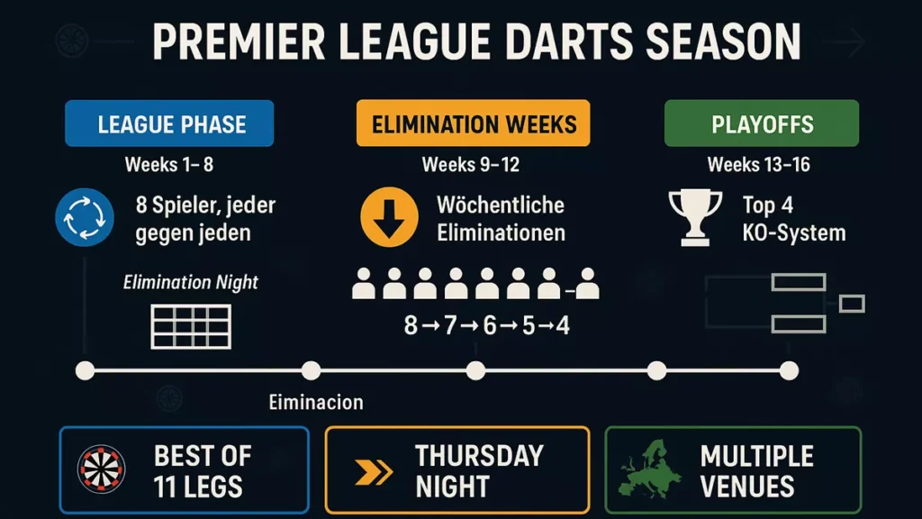 Premier League Darts Format - 16-Wochen-Struktur von League Phase über Elimination bis zu Playoffs